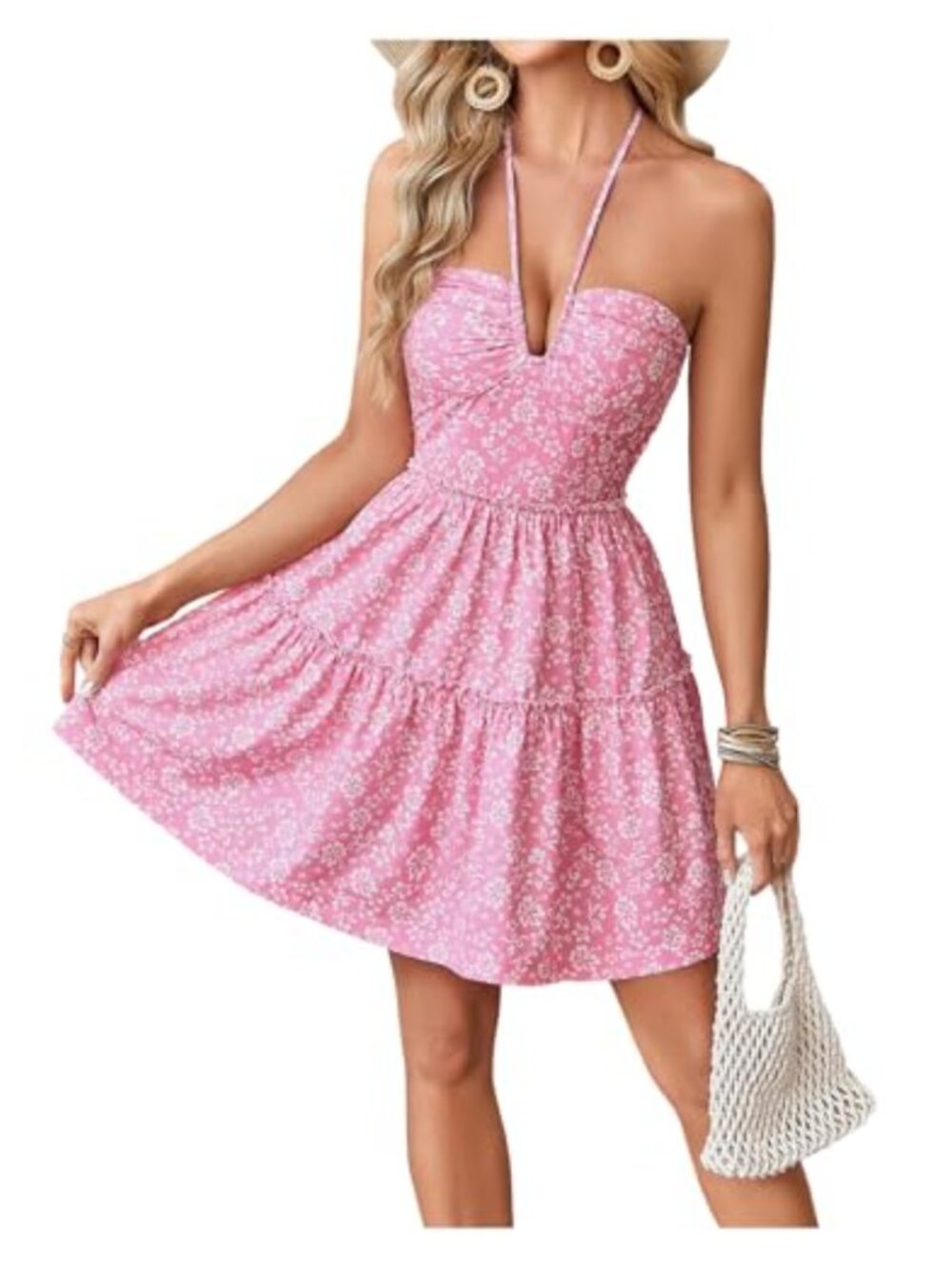 Floerns Floral Sleeveless Halter Milkmaid Boho Mini Dress